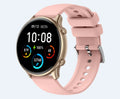 Round smart sports watch with touch screen on silicone strap showing heart rate display