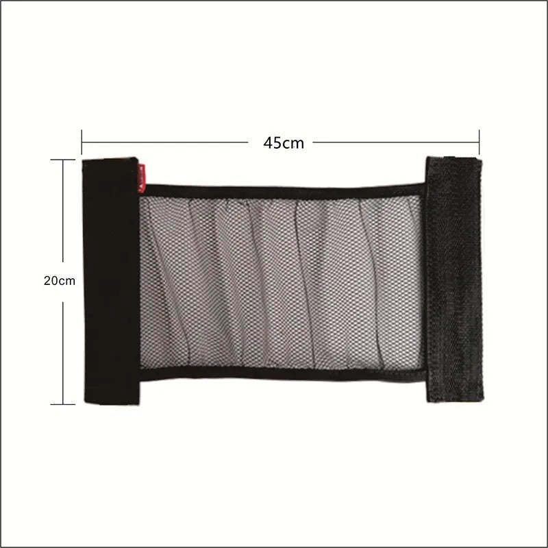Stretchy polyester car boot storage net with hook and loop fasteners, shown in 20x45cm size.