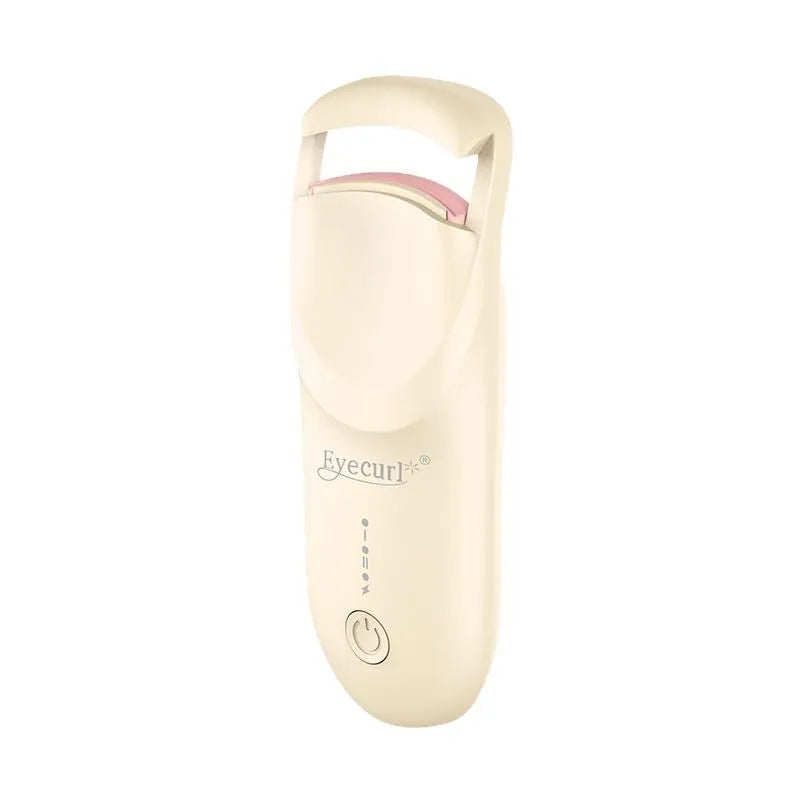 Electric USB-powered eyelash curler in cream white, maca pink, or vanilla apricot colour on a plain background