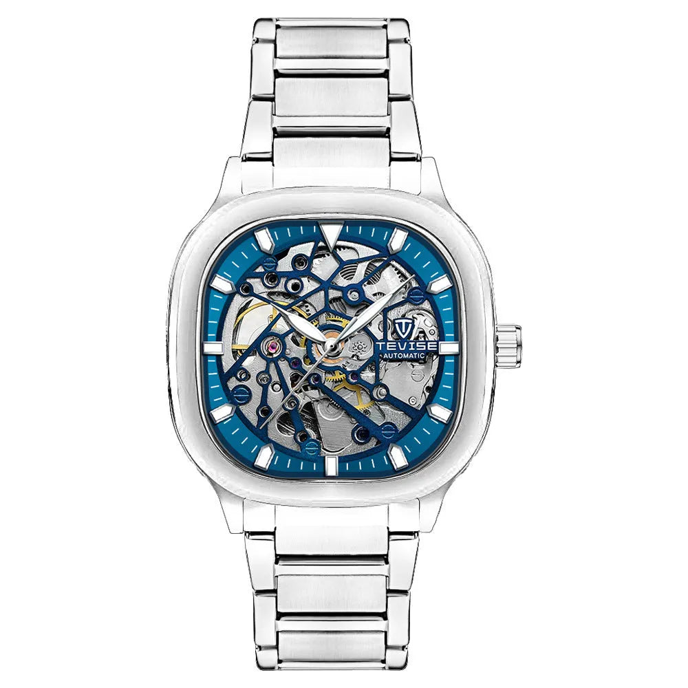 Men's automatic watch with luminous hands on a stainless steel strap, featuring a square hollow metal case.