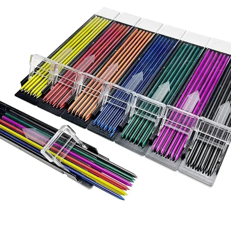 Boxed mechanical pencil replacement leads pack of 12 in rainbow colours in plastic container