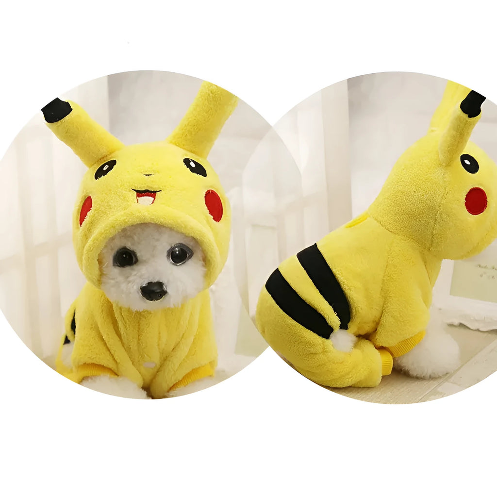 A cat or small dog wearing a soft fleece hoodie coat in a cartoon cosplay style.