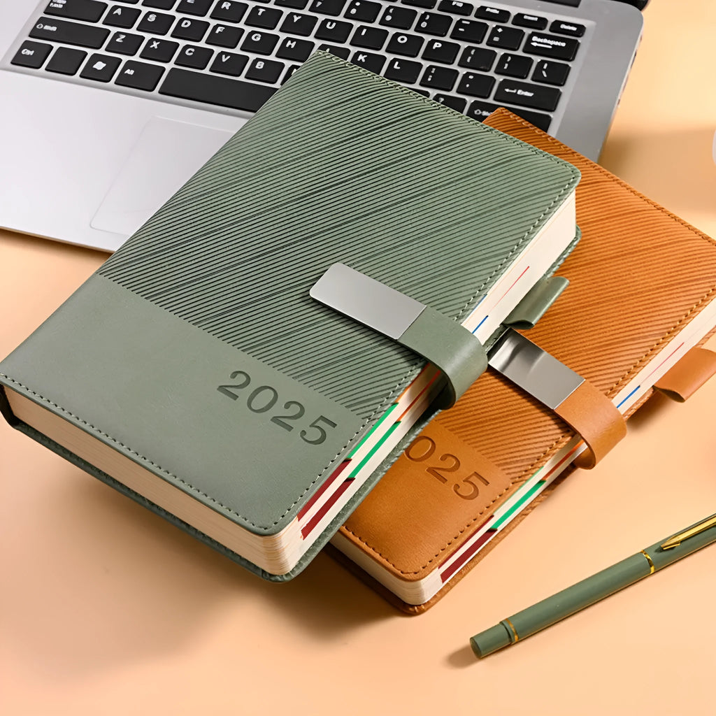 Office notepad with striped PU leather cover open to show 80g wood-free paper pages