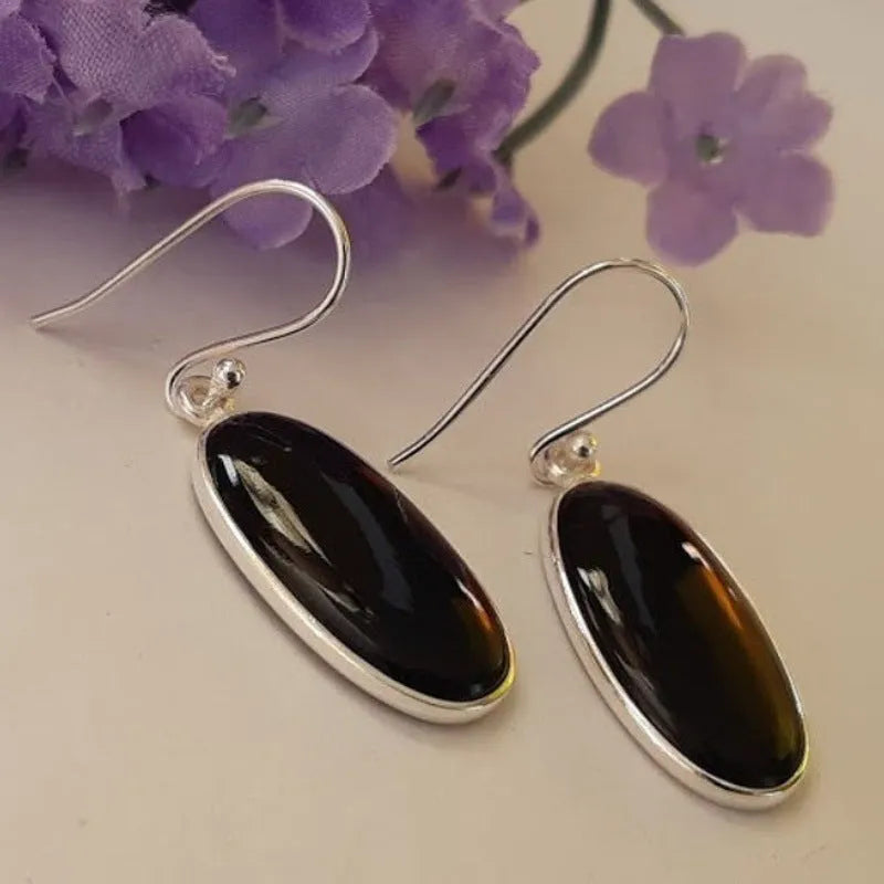 925 silver women's earrings with oval black agate pendants in geometric Chinese style design