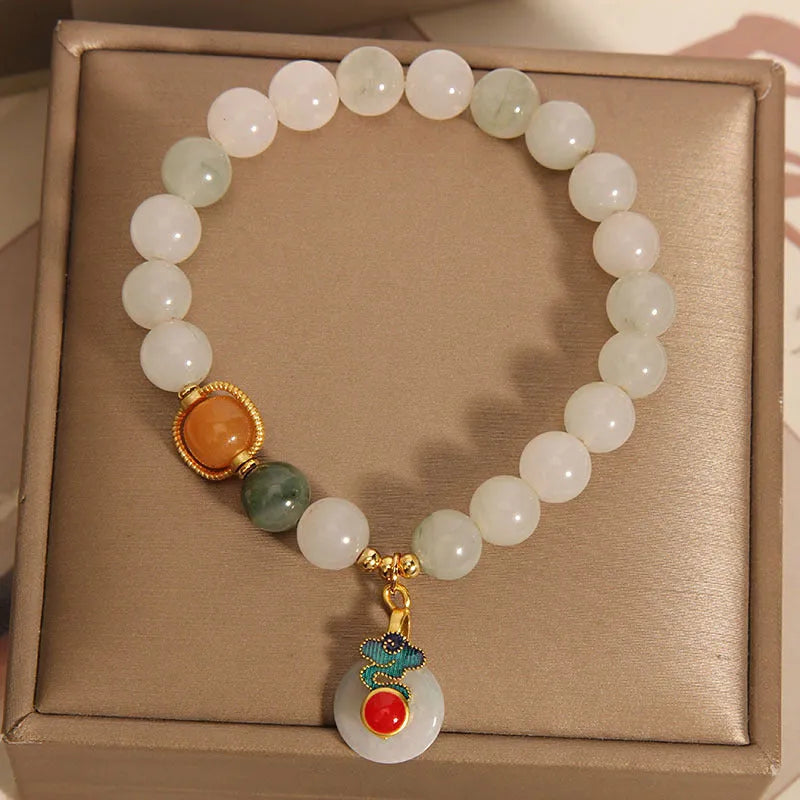 Translucent green ice jade bracelet with Xiangyun peace buckle and pearl decorative elements