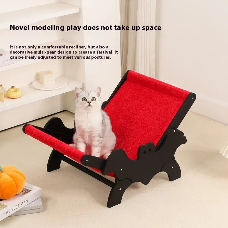 Black and red wooden cat lounge chair with bat-shaped decorative elements for Halloween themes