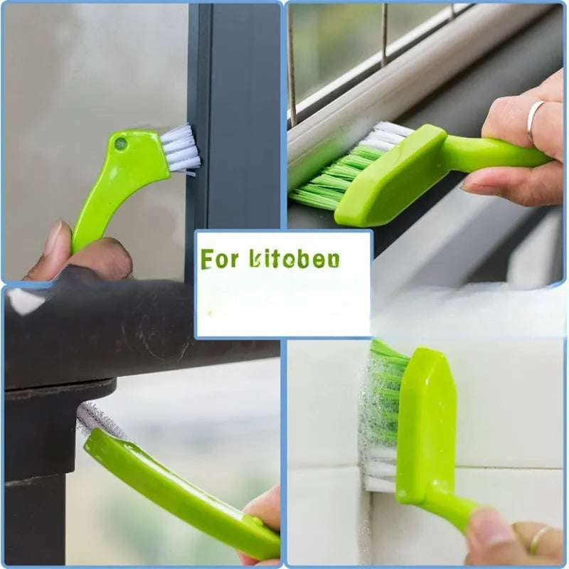 Three green plastic floor seam cleaning brushes arranged on a hard floor surface