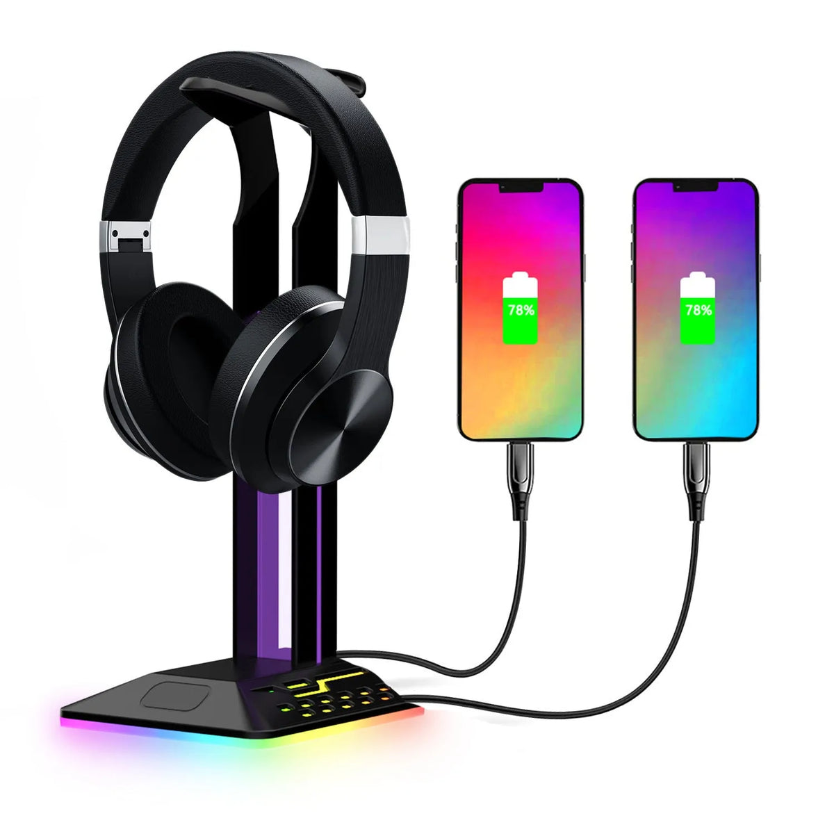 RGB headphone display stand with dual USB ports and acrylic panel in black colour variant