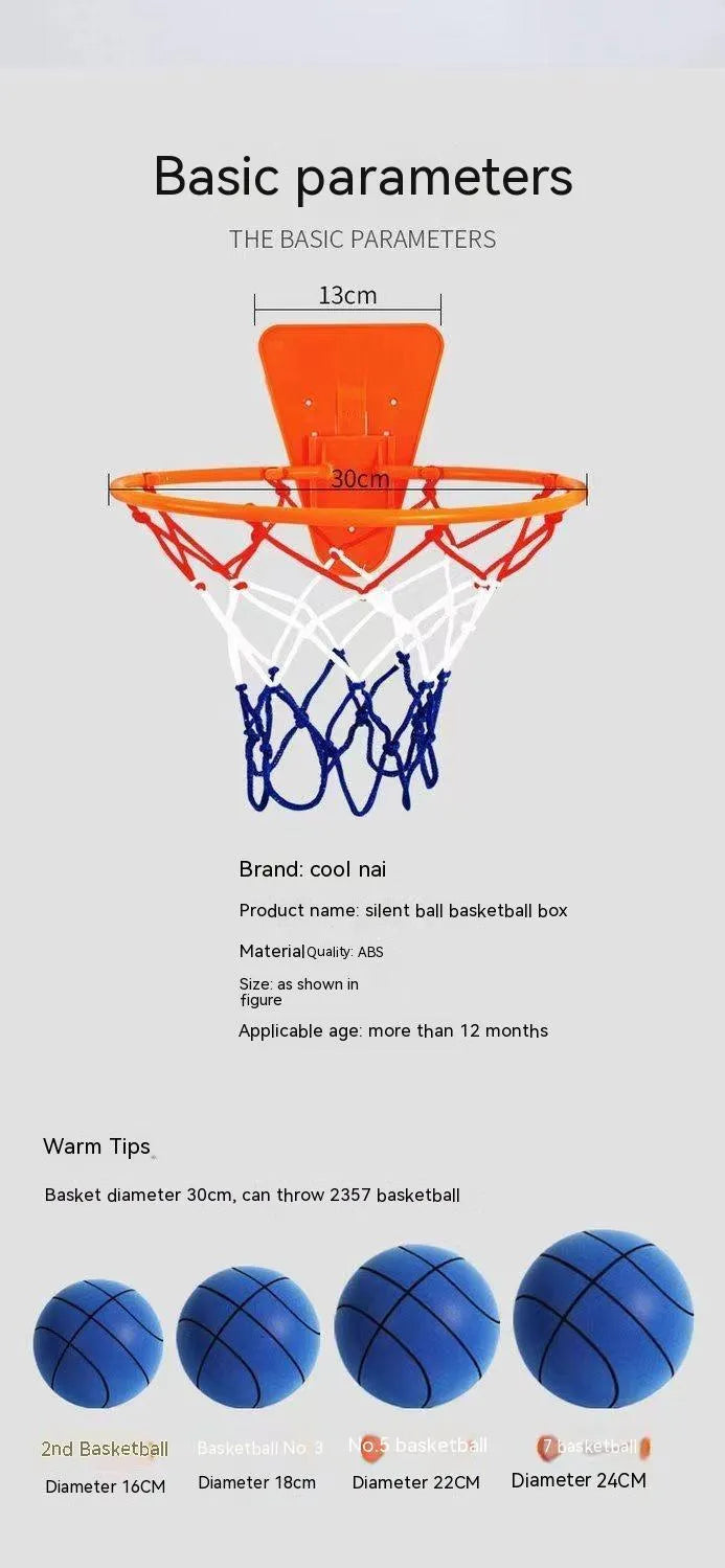 Silent foam indoor basketball toy in bright colours with soft elastic construction for safe indoor play