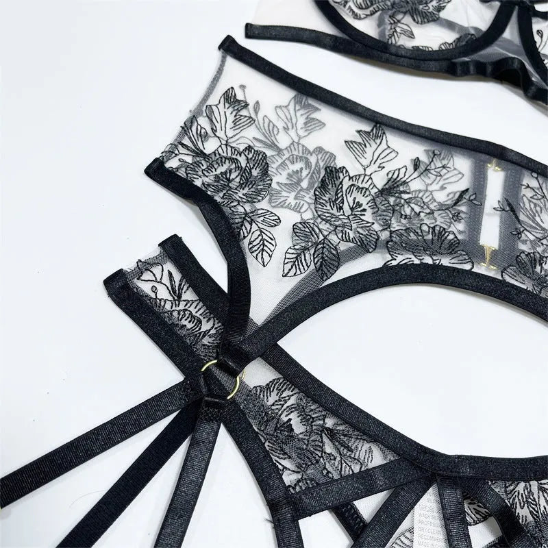Women's black lace mesh floral print three-piece set with top, pants, and waist ring