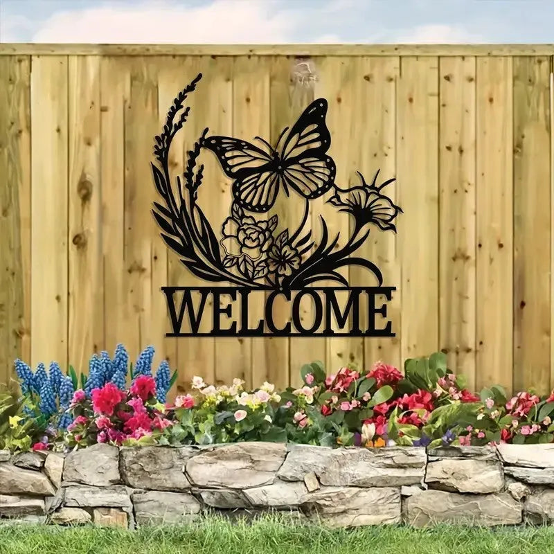 Metal silhouette welcome board for courtyard door with hummingbird design, wall-mounted wrought iron style