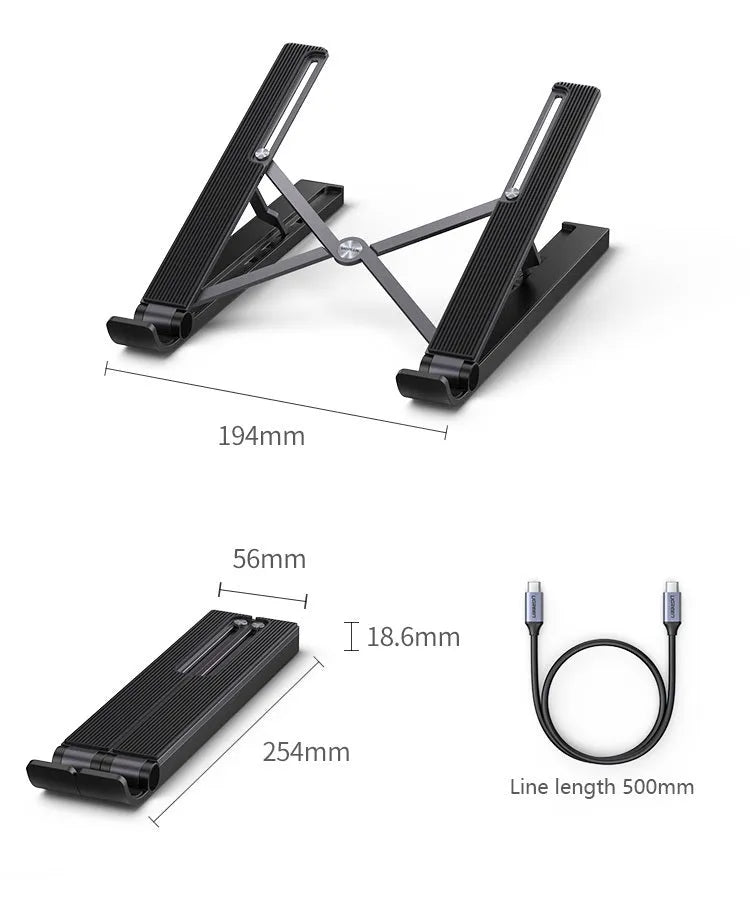 Aluminum alloy folding laptop cooling rack with built-in 5-in-1 hub featuring HDMI, USB3.0x2, Type-C, and card reader