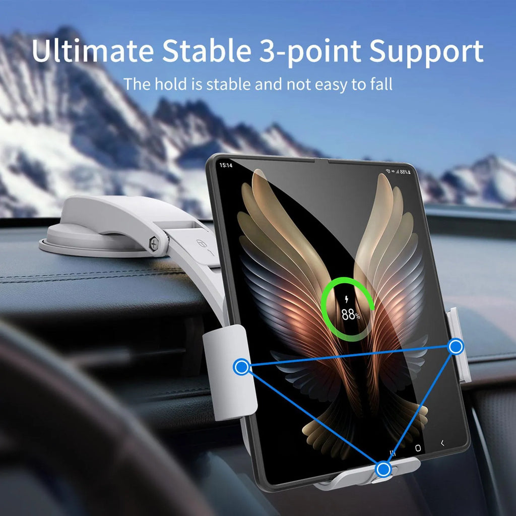 Grey wireless charging car phone holder with folding screen and multiple mounting accessories