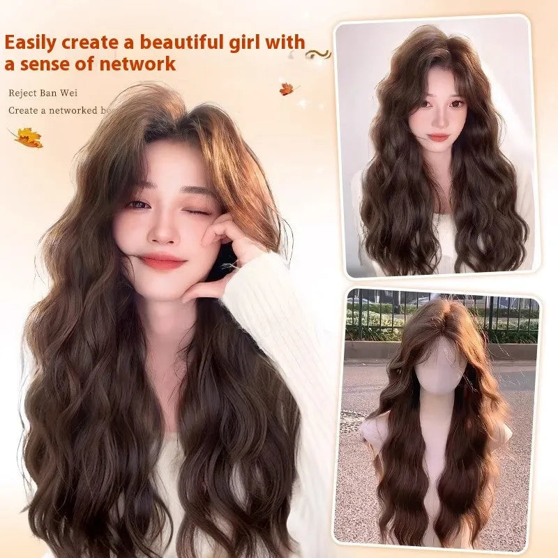Full-head long curly artificial hair wig with side bangs in brown black colour.