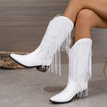 Women's retro chunky heel pleated western knee boots in artificial PU leather, low heel 1-3cm, pointed toe, solid colour