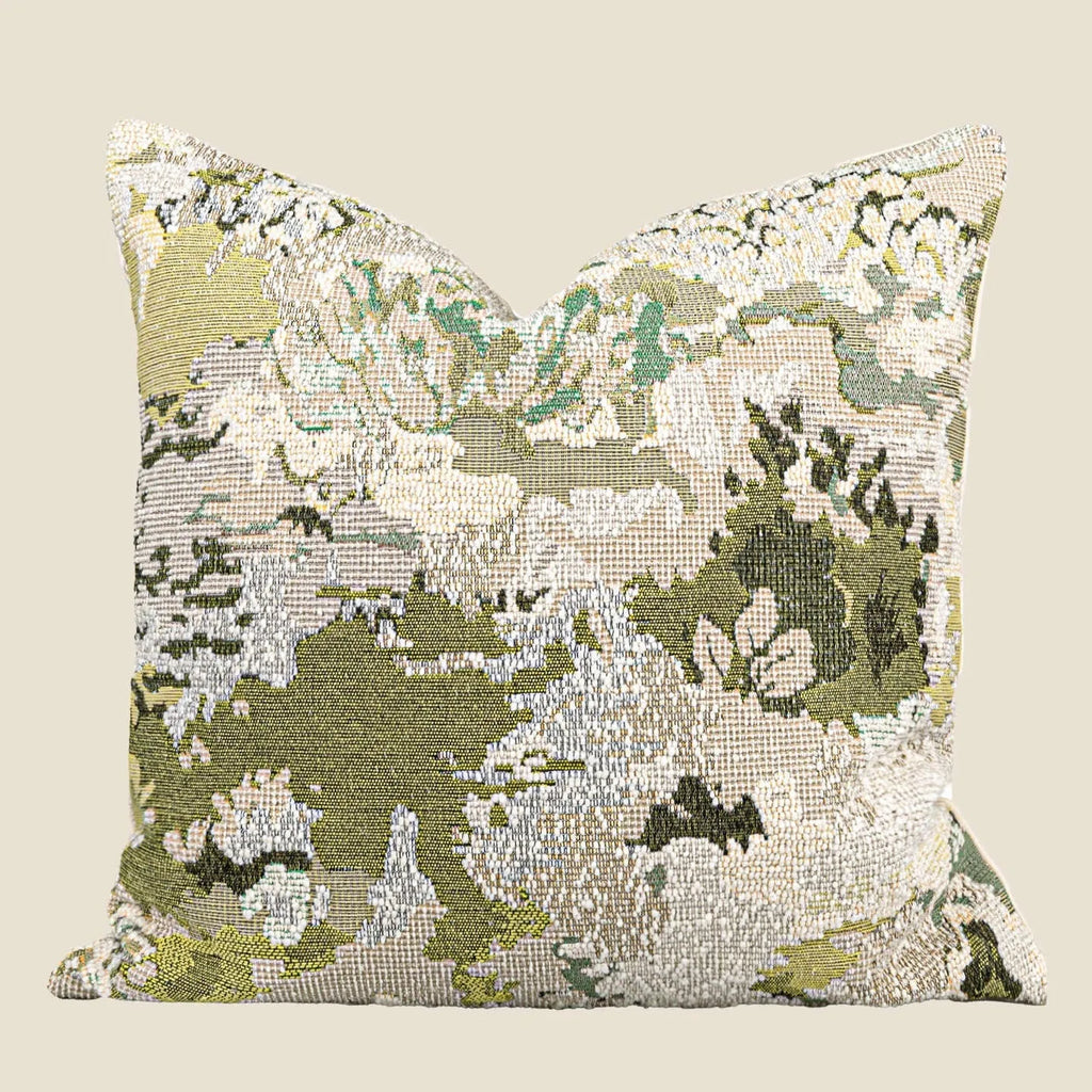 Antique green wool blend cushion cover with abstract spring flowers pattern, shown in square and lumbar sizes.