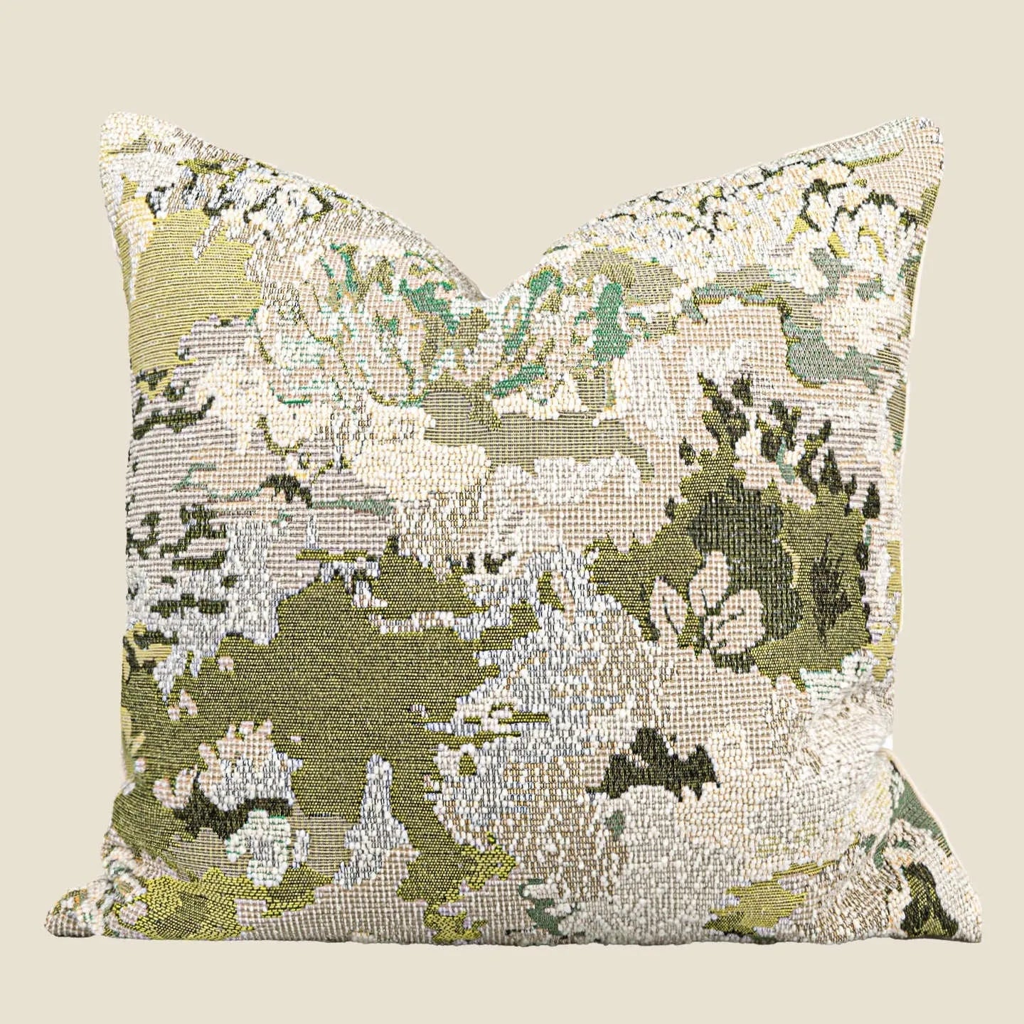 Antique green wool blend cushion cover with abstract spring flowers pattern, shown in square and lumbar sizes.