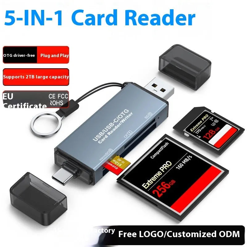 CF SD TF three-in-one USB card reader with aluminium alloy housing for computer and mobile device data transfer