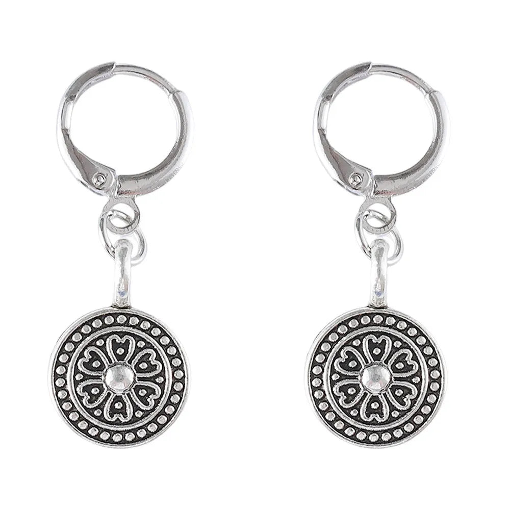 Bohemian style retro round print distressed ethnic earrings with geometric shapes in zinc alloy