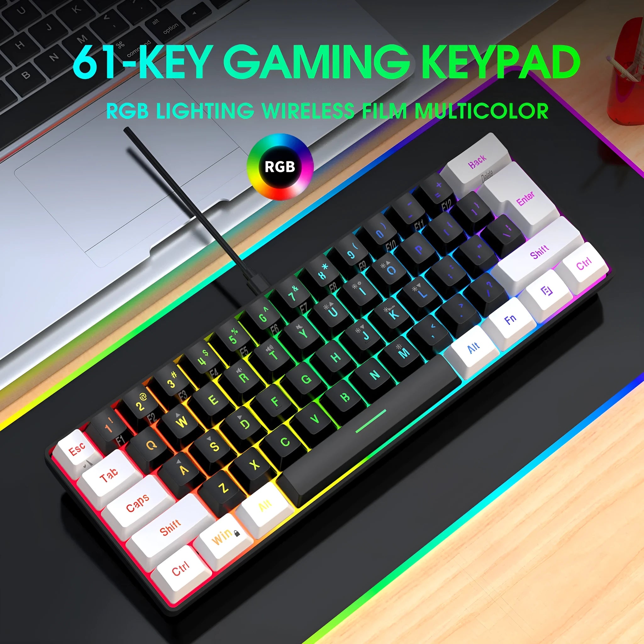 White and black wired 61-key membrane keyboard with USB cable on desk
