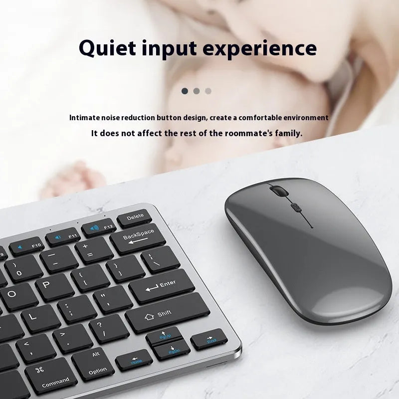 Ultra-thin wireless keyboard and mouse suit in black, gun colour, or silver with rechargeable design and included accessories