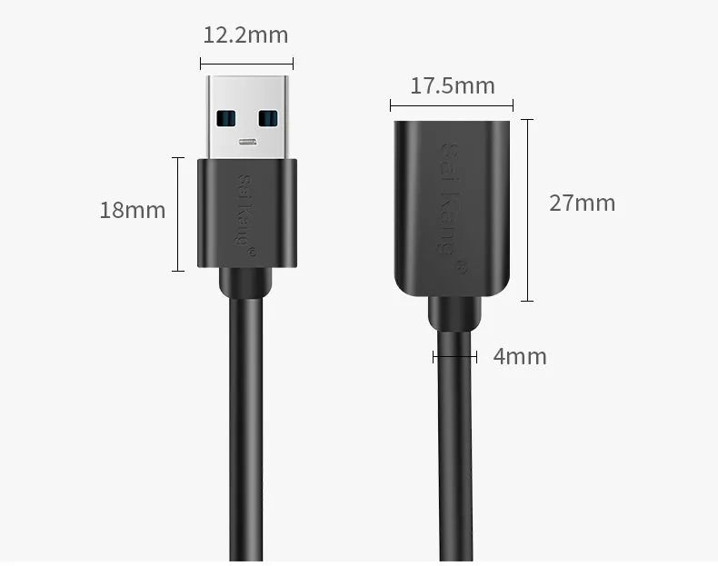 Black USB 3.0 and USB 2.0 extension cable with male and female connectors showing double-shielded construction