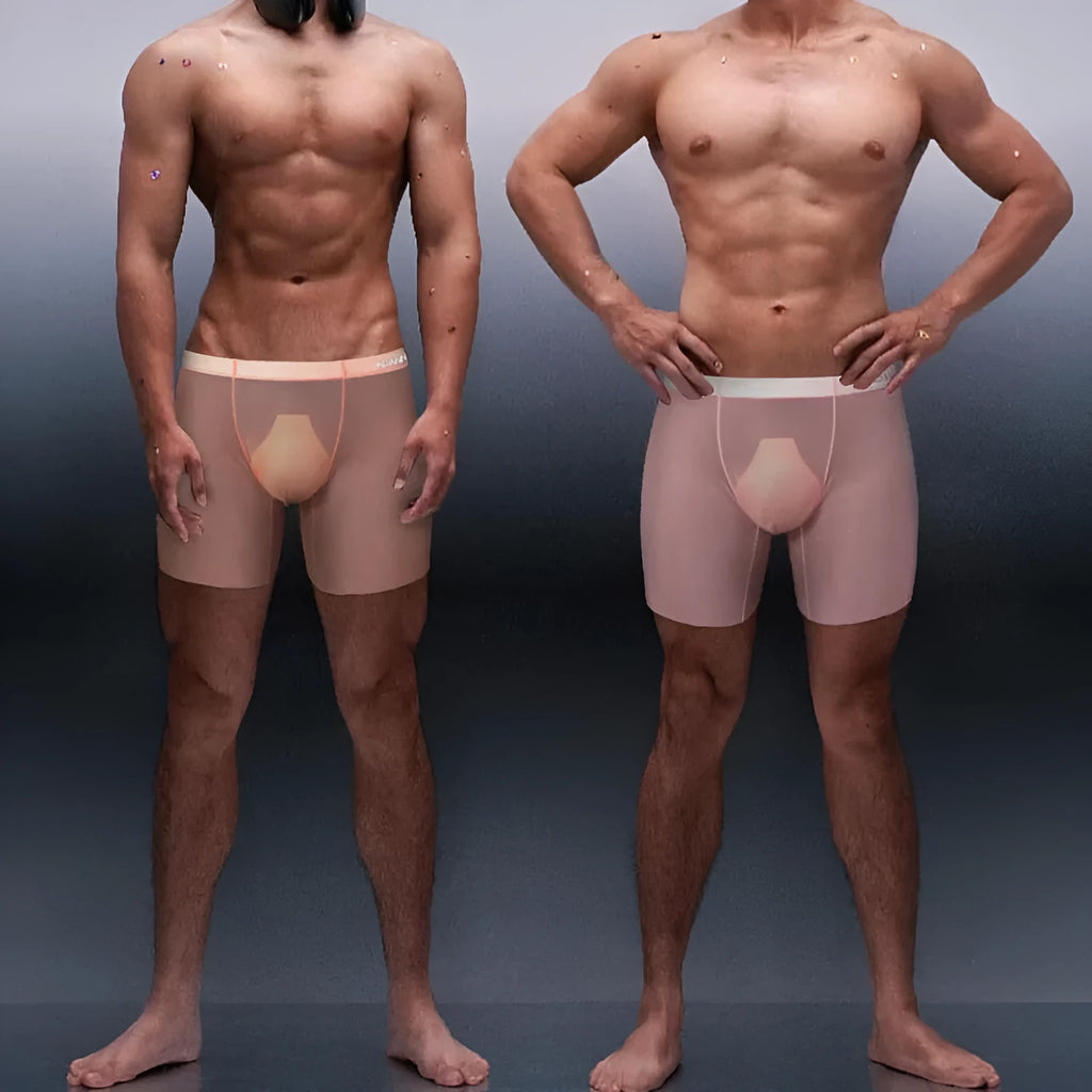 Men's seamless boxer shorts in orange colour showing low-waist design and body shaping features