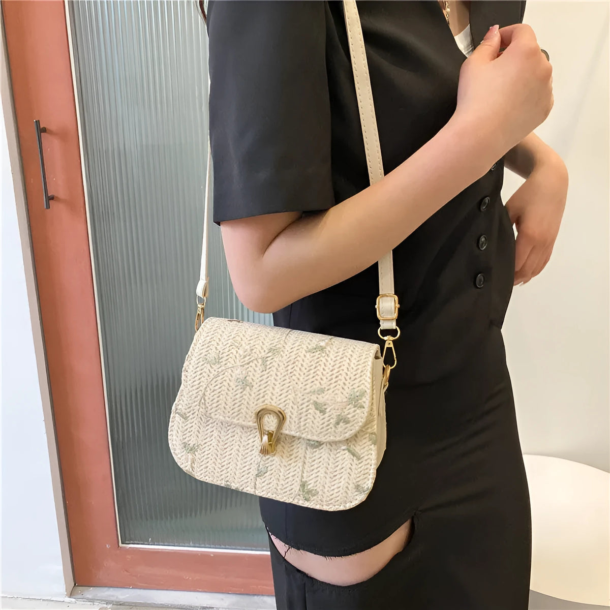 Straw woven satchel handbag with floral pattern in white colour option, single shoulder strap, summer beach bag
