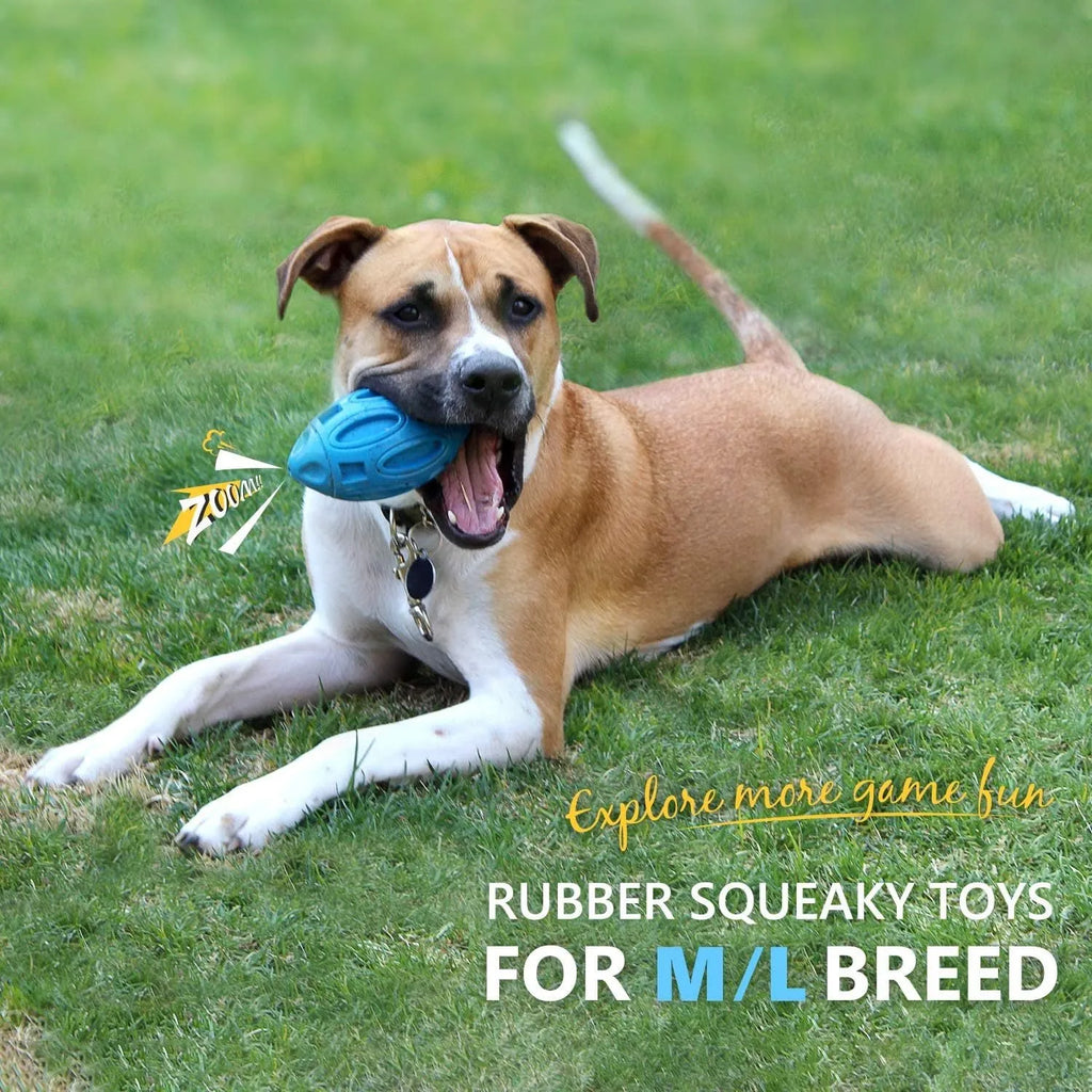 Blue, green, and orange natural rubber squeaky dog toy ball with surface grooves for medium/large breed dogs.