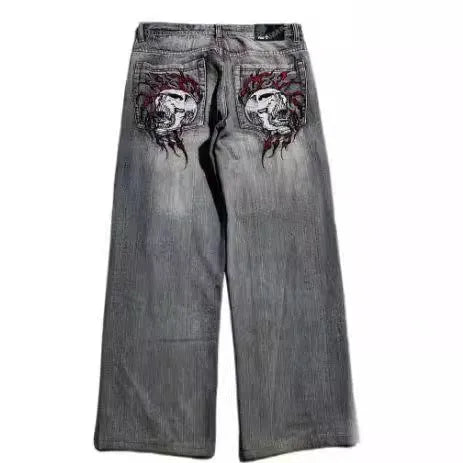 Grey wide-leg men's jeans with retro washed finish and straight-leg opening