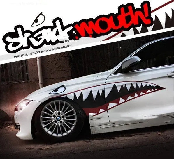 Shark design car body vinyl sticker decal showing large format dimensions on vehicle panel