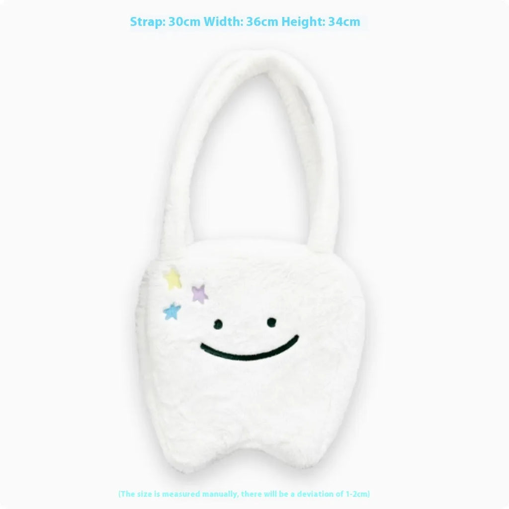 White plush tote bag with cute tooth pattern, zipper closure, and shoulder strap