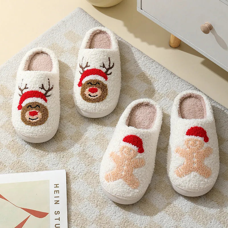 Christmas home slippers with cartoon Santa Claus design, suede upper, and furry lining