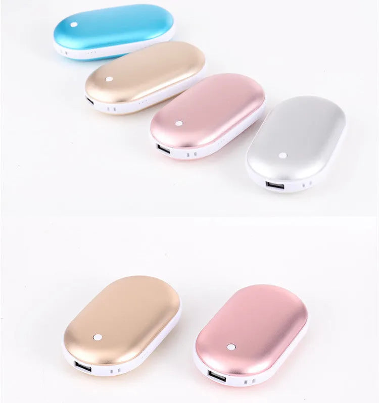 Blue digital display rechargeable hand warmer and USB power bank showing compact size