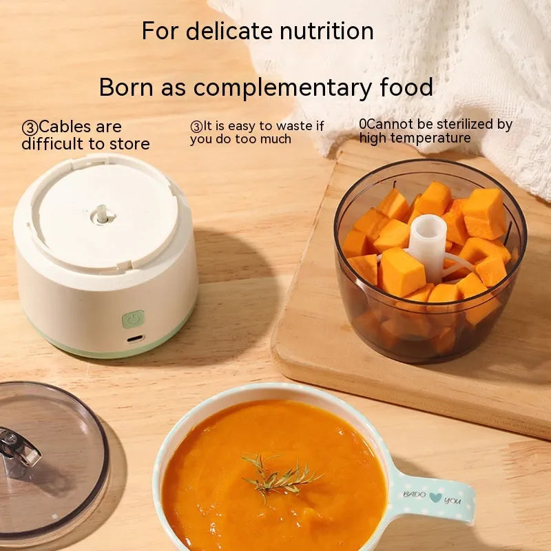 Mini electric meat grinder with transparent 225ml cup, stainless steel blades, USB charging port in white or light green