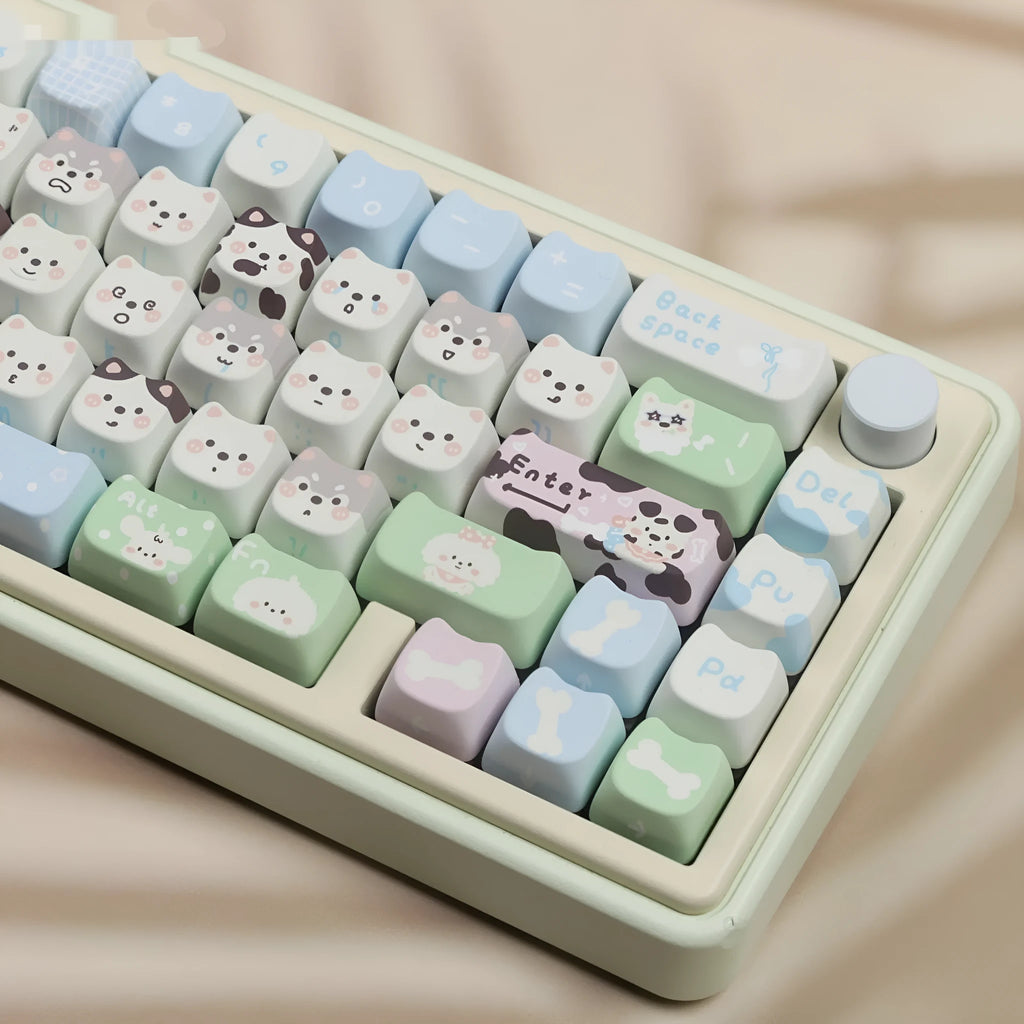 PBT sublimation key cap set with cute puppy design for mechanical keyboards, 26-piece complete collection