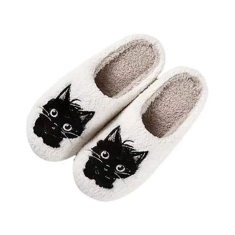 White plush slippers with Black Beard Cat couple cartoon pattern and non-slip TPR soles.