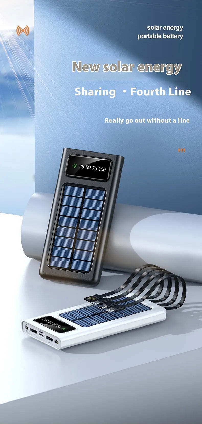 Solar power bank with integrated cable showing 20000mAh capacity and solar panel in black plastic case