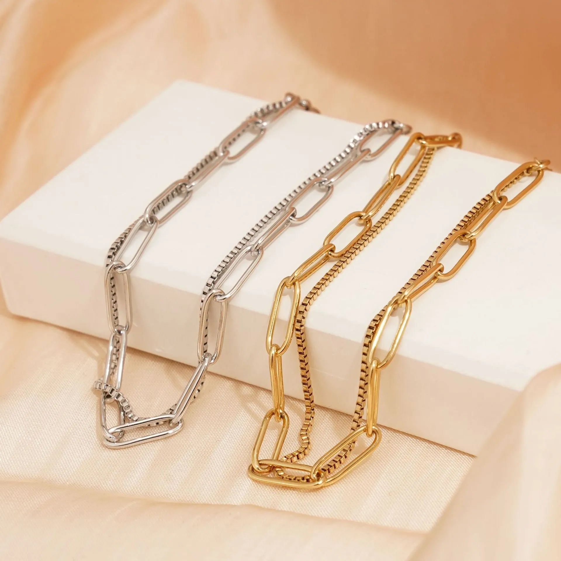 Double layer titanium steel women's bracelet in gold colour with geometric line design