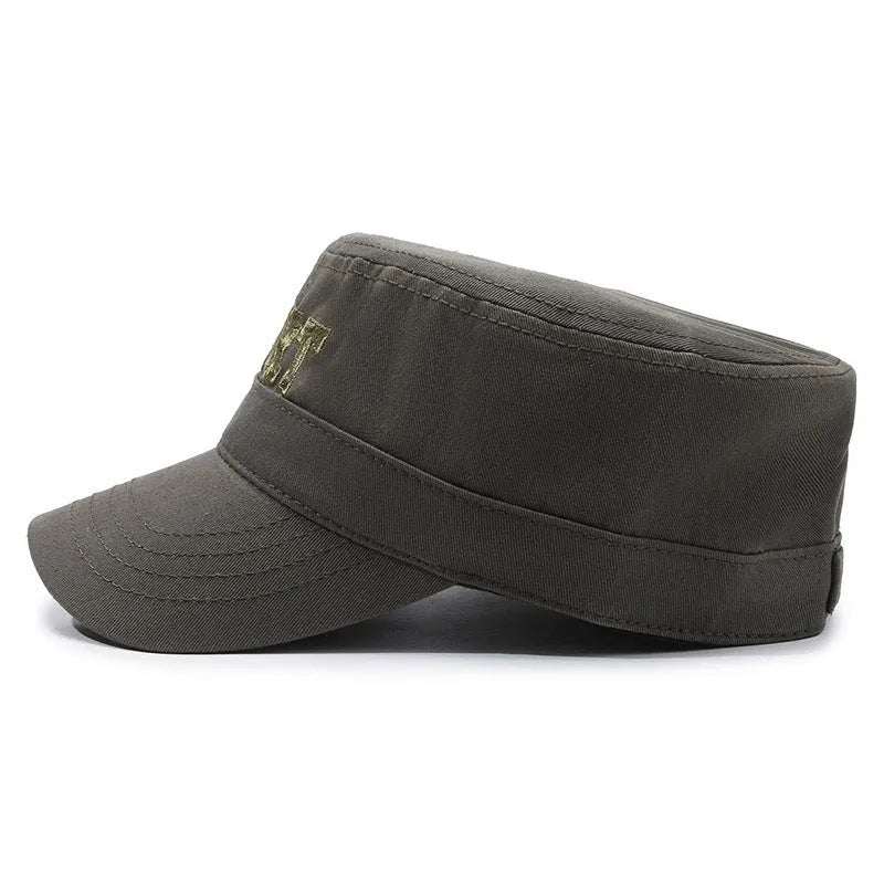 Men's cotton flat-top peaked cap in army green colour with adjustable sizing and dome crown