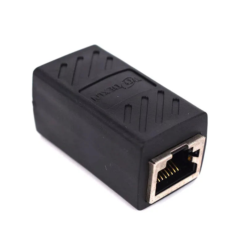 Black RJ45 network cable extender adapter with rotary union for joining two Ethernet cables.