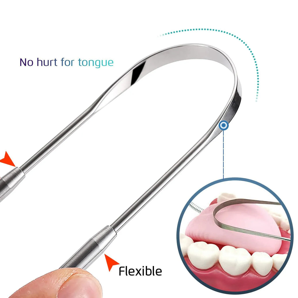 Stainless steel tongue coating cleaner set with U-shaped and spoon type scrapers in pearlescent bag packaging