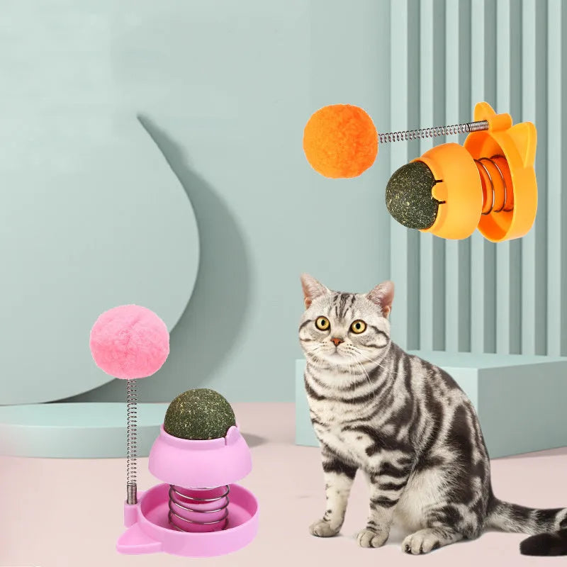 Four colourful mint ball cat toys with textured surfaces for teeth cleaning and self-hi play