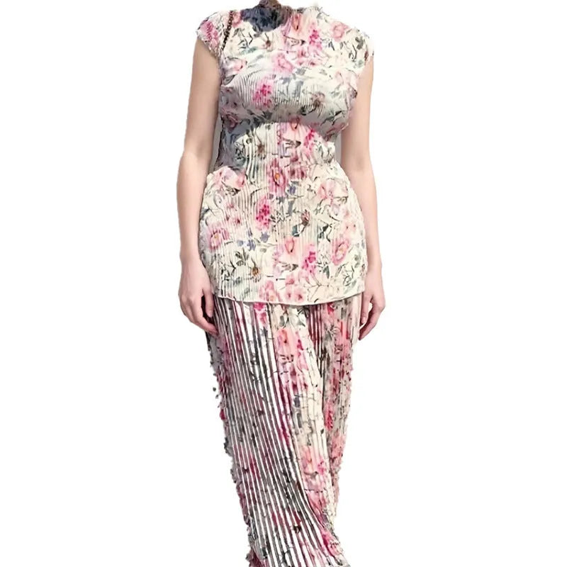 Women's long sleeve printed chiffon dress with high waist design, two-piece set with skirt and top