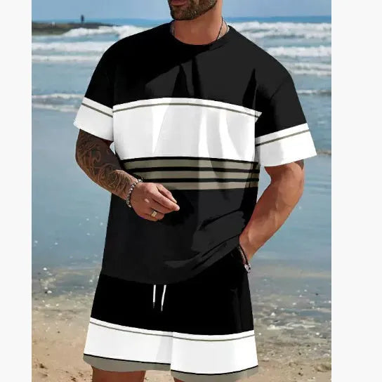 Man wearing a loose blue polyester short-sleeved t-shirt and matching shorts for summer.