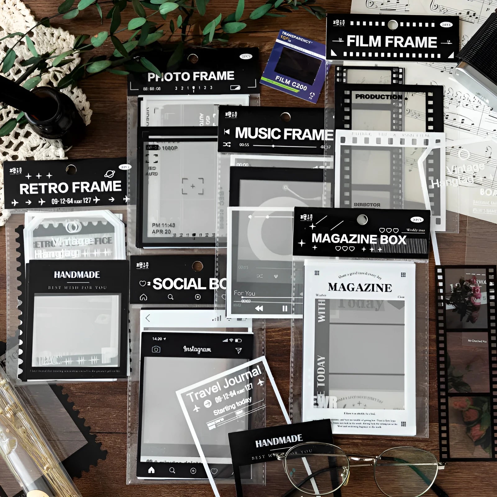 15 sheets of retro-themed frame stickers for journals on transparent PET paper