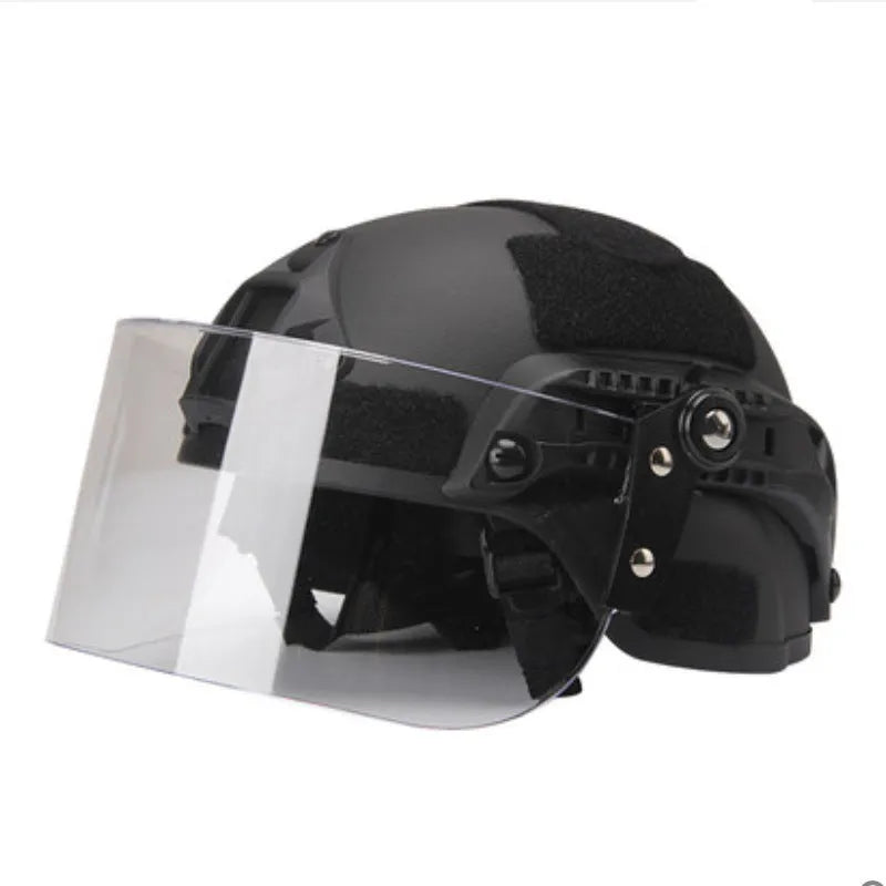 Transparent PC plastic sports helmet mask with a guide rail, shown in a clear colour.