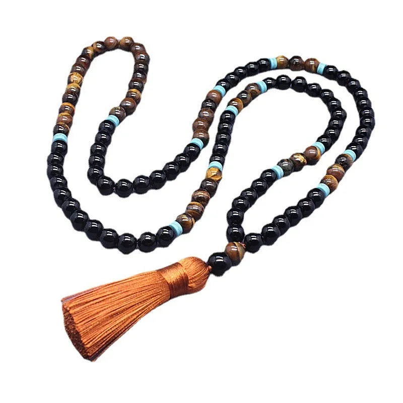 Geometric agate jewellery set with black bracelet and tiger's eye stone necklace