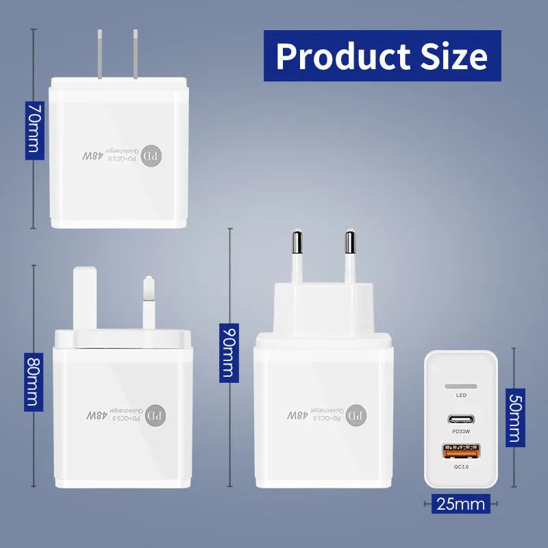 PD48W fast charging travel charger with type-C USB port and indication light