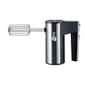 SL-25209 model silver household electric handheld mixer with beaters on a kitchen counter.